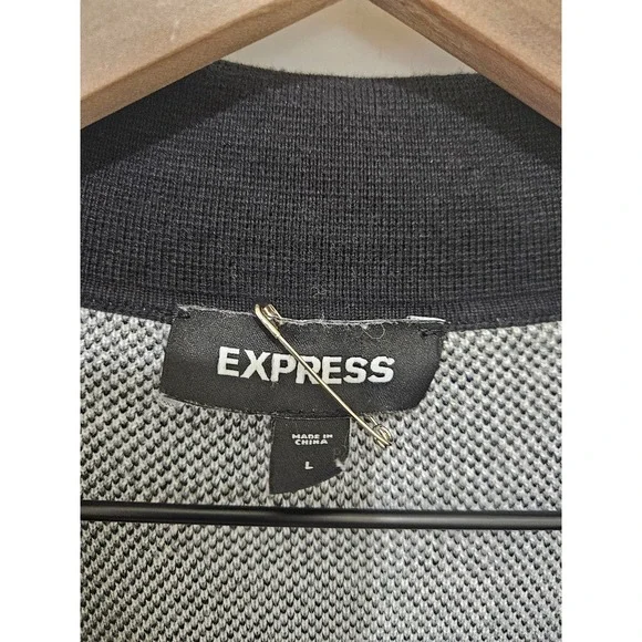 Express Mens Floral Knit Button Down Polo Shirt Black Grey Tropical Leaf Large - Picture 2 of 6